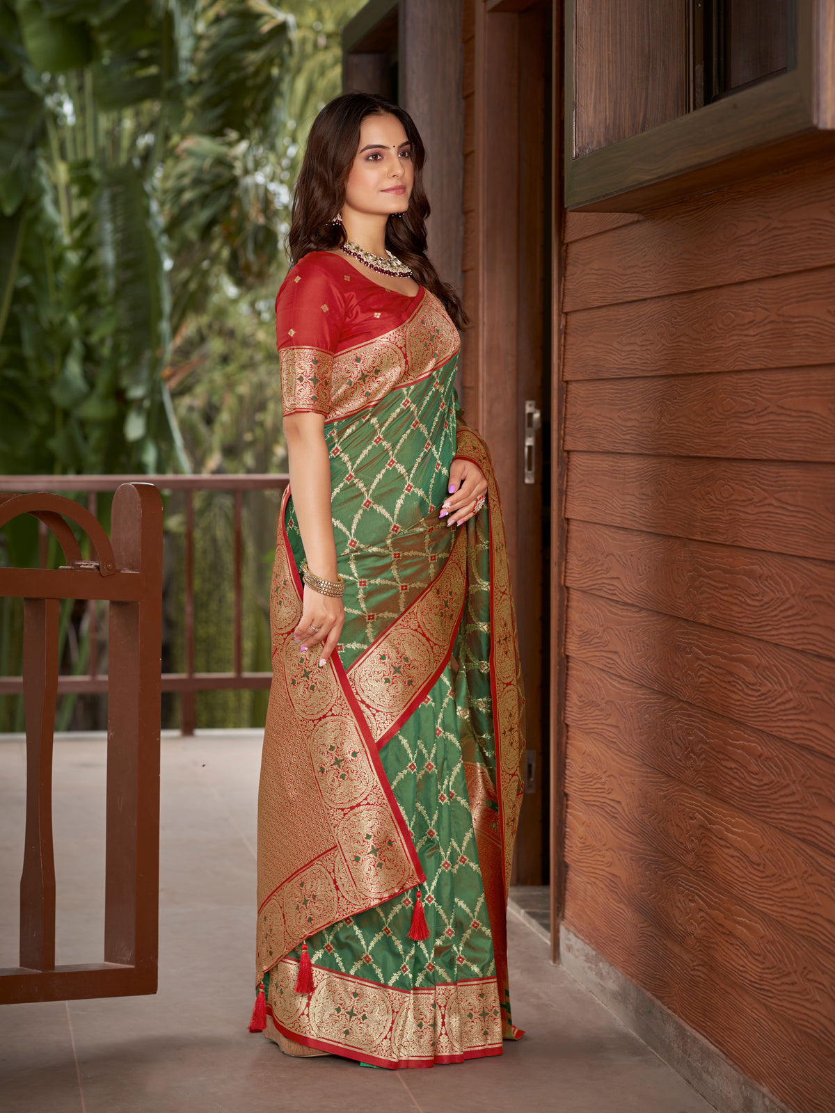 Olive Green & Maroon Red Woven Jacquard Silk Saree with Blouse Piece