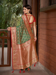 Olive Green & Maroon Red Woven Jacquard Silk Saree with Blouse Piece