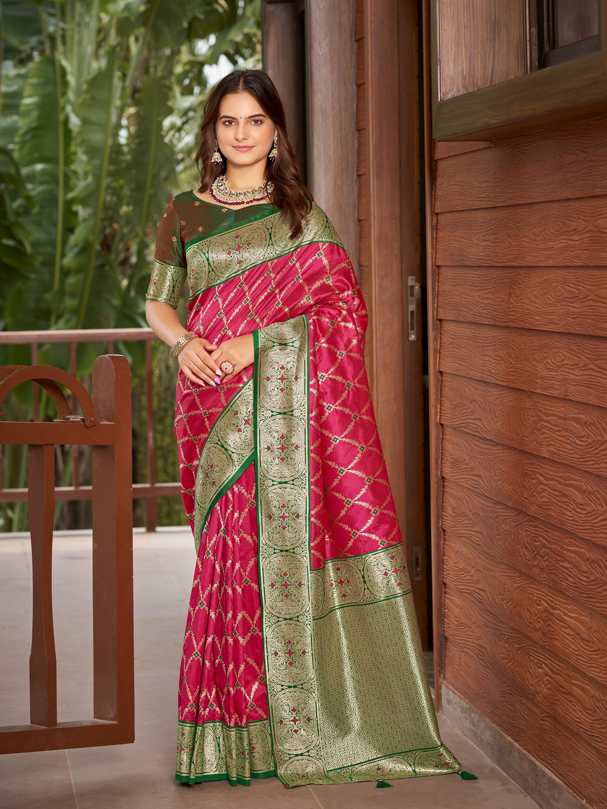Rani Pink & Emerald Green Woven Jacquard Silk Saree with Blouse Piece