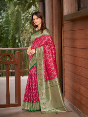 Rani Pink & Emerald Green Woven Jacquard Silk Saree with Blouse Piece