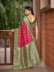 Rani Pink & Emerald Green Woven Jacquard Silk Saree with Blouse Piece