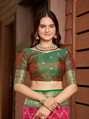 Rani Pink & Emerald Green Woven Jacquard Silk Saree with Blouse Piece
