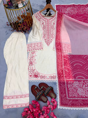 Women’s White Satin Rayon Embroidered  Farshi Palazzo Suit Set