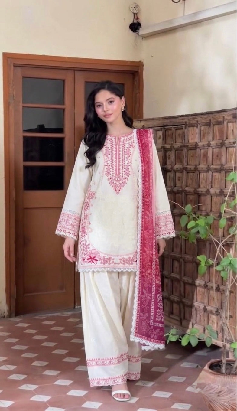 Women’s White Satin Rayon Embroidered  Farshi Palazzo Suit Set