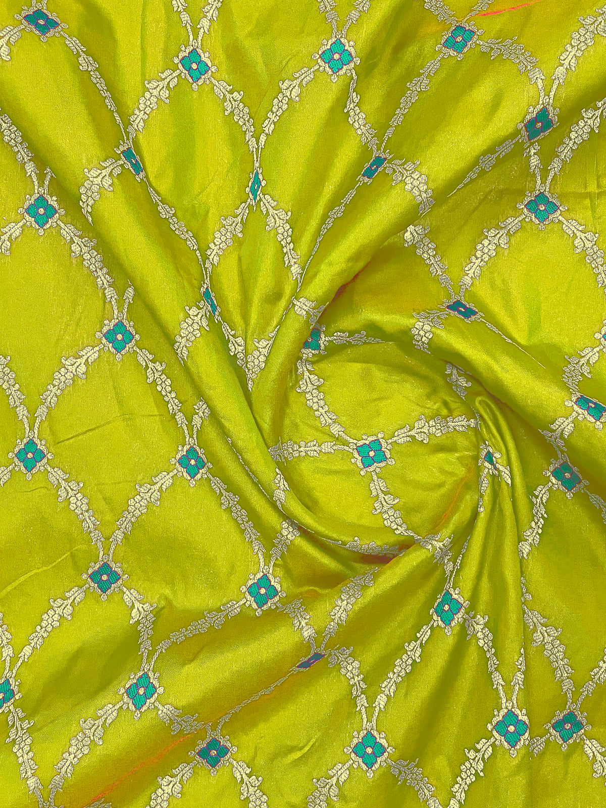 Lime Green & Peacock Teal Blue Woven Jacquard Silk Saree with Blouse Piece