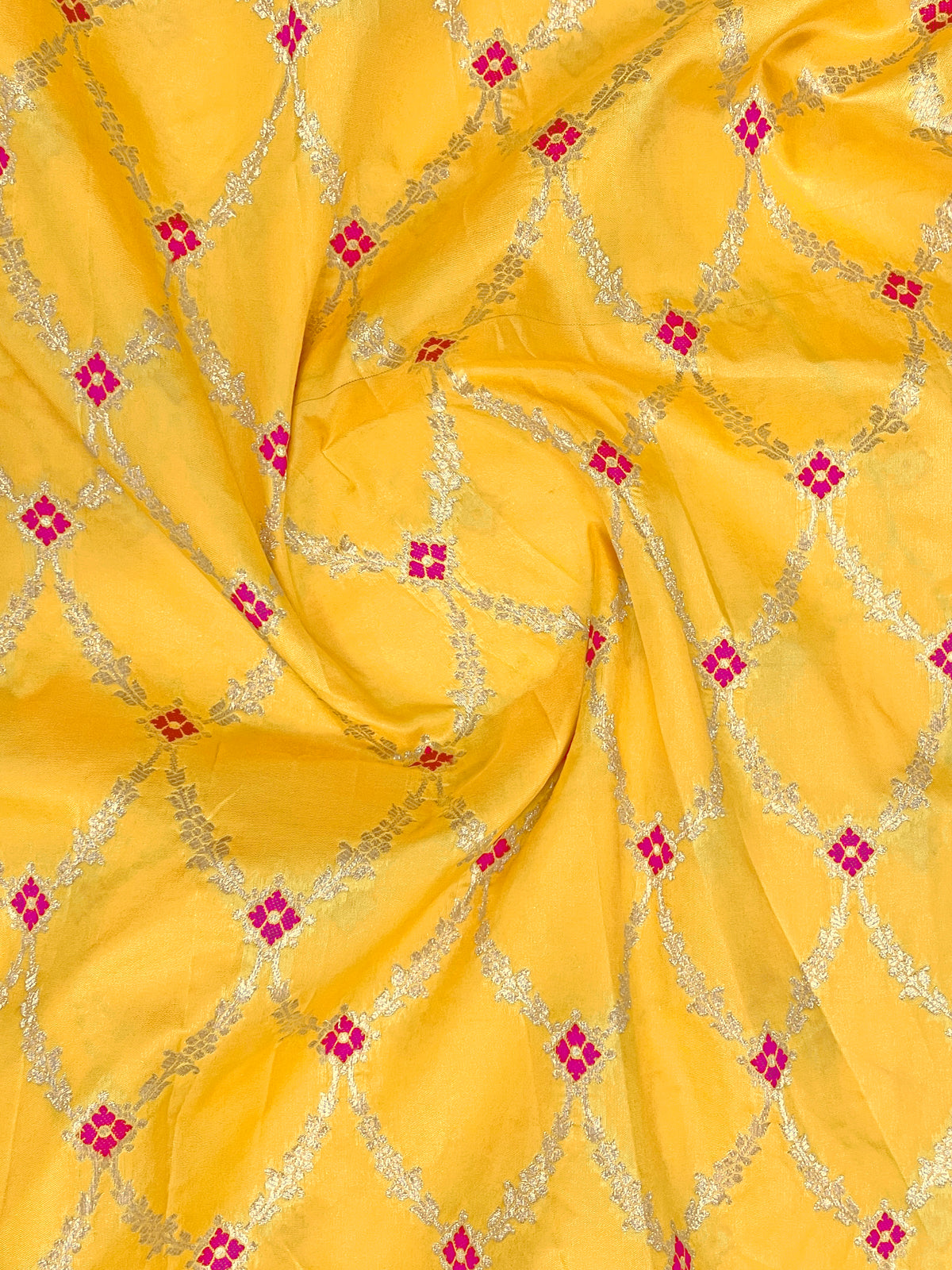 Mustard Yellow & Rani Pink Woven Jacquard Silk Saree with Blouse Piece