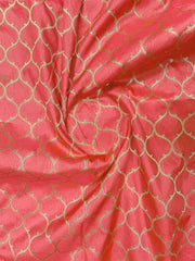 Coral Red & Emerald Green Woven Jacquard Silk Saree with Blouse Piece