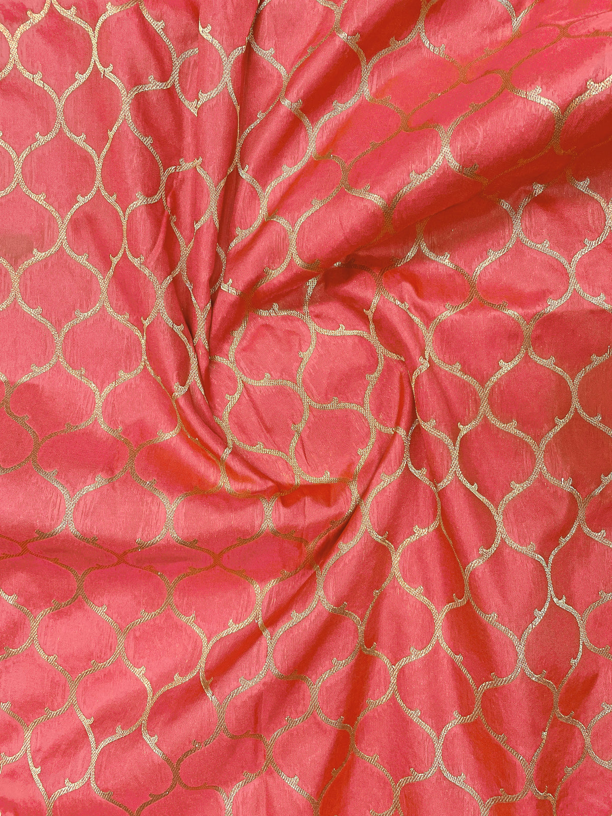 Coral Red & Emerald Green Woven Jacquard Silk Saree with Blouse Piece