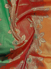 Multi-Color Red, Yellow & Green Woven Jacquard Silk Saree with Blouse Piece