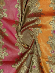Multi-Color Mustard, Rani Pink & Olive Brown Woven Jacquard Silk Saree with Blouse Piece