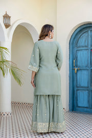 Designer Sage Green Chinon Kurti Sharara Dupatta Set