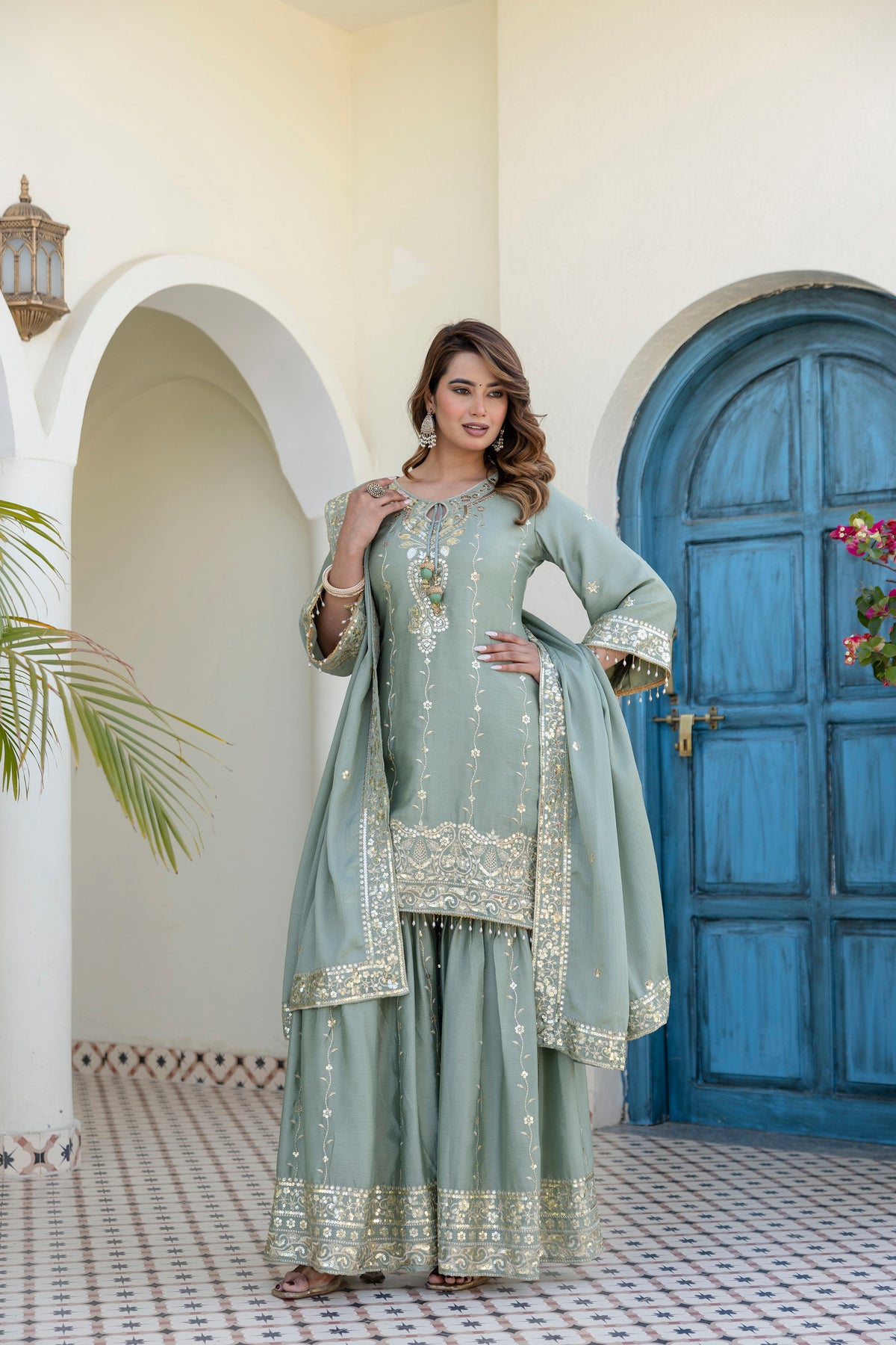 Designer Sage Green Chinon Kurti Sharara Dupatta Set