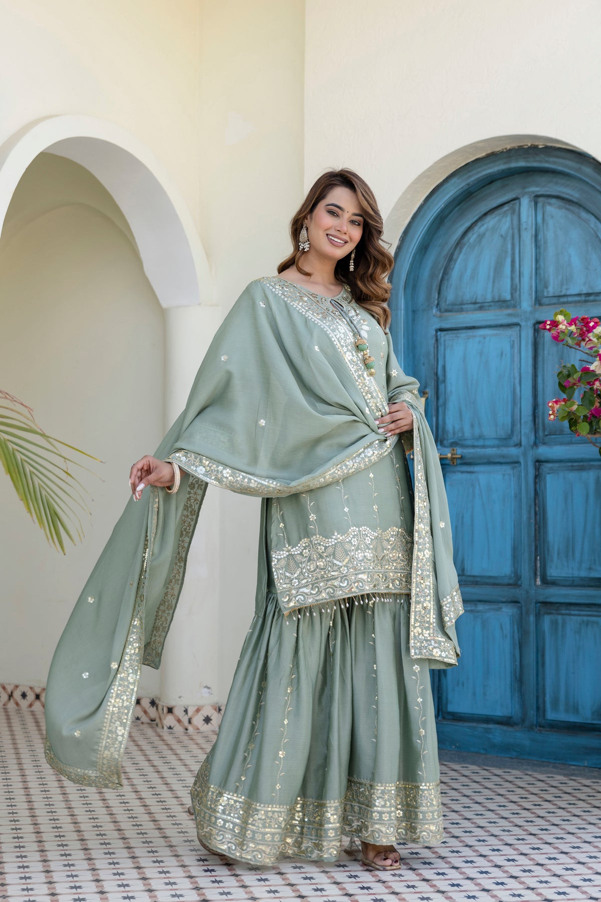 Designer Sage Green Chinon Kurti Sharara Dupatta Set