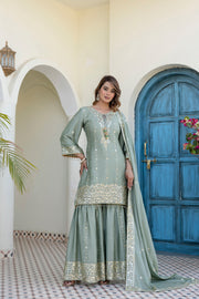 Designer Sage Green Chinon Kurti Sharara Dupatta Set