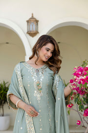 Designer Sage Green Chinon Kurti Sharara Dupatta Set