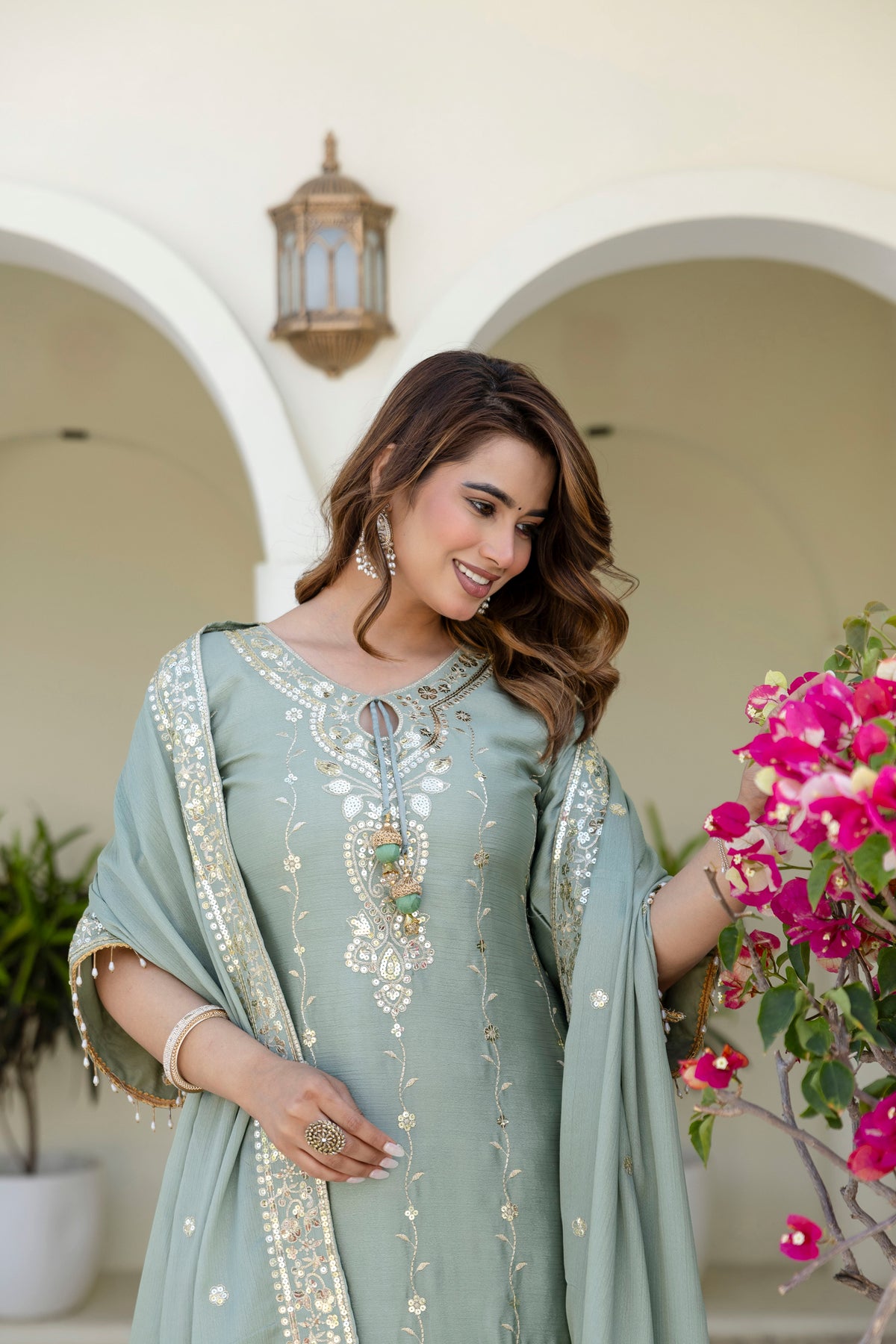 Designer Sage Green Chinon Kurti Sharara Dupatta Set