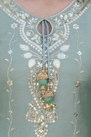 Designer Sage Green Chinon Kurti Sharara Dupatta Set