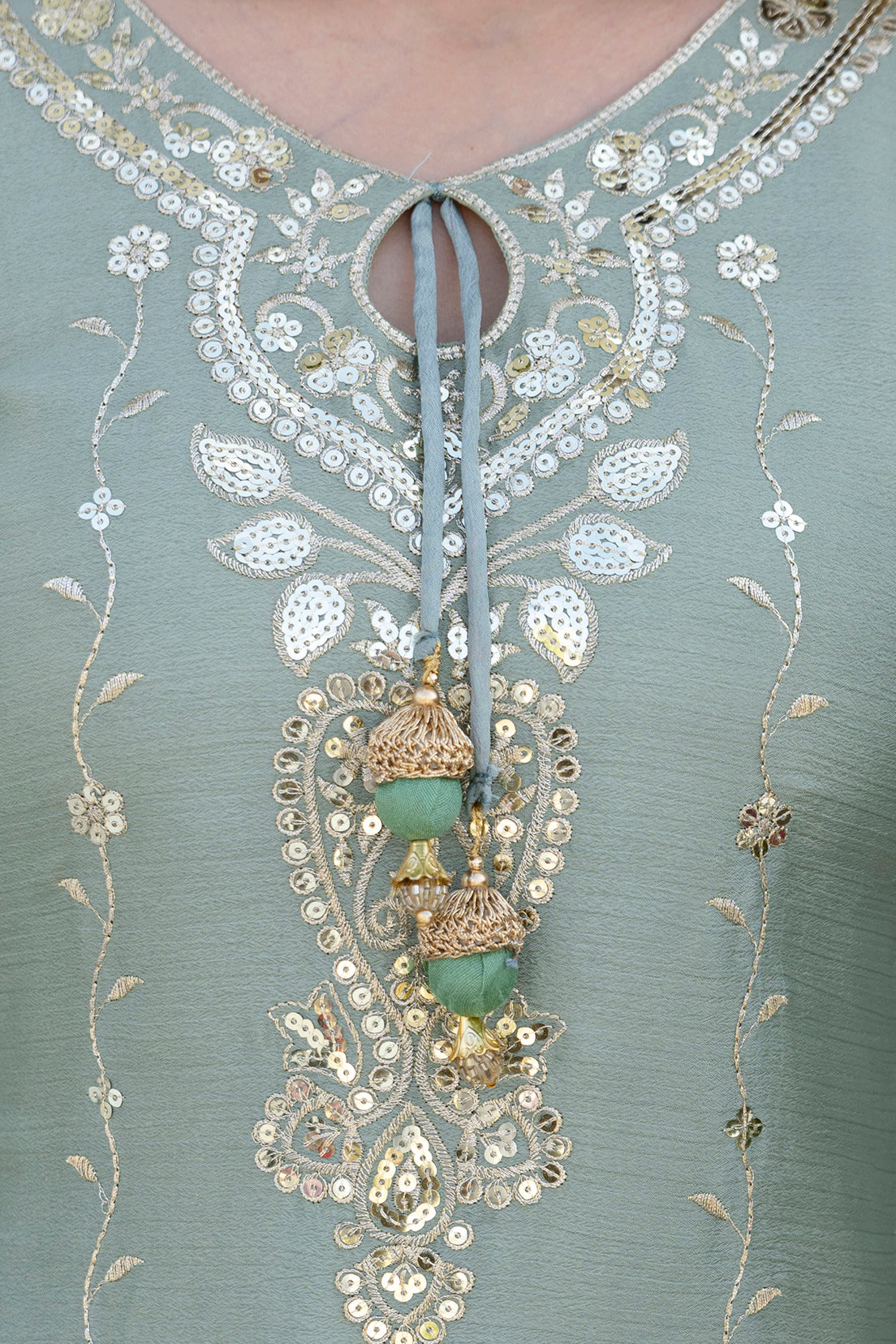Designer Sage Green Chinon Kurti Sharara Dupatta Set