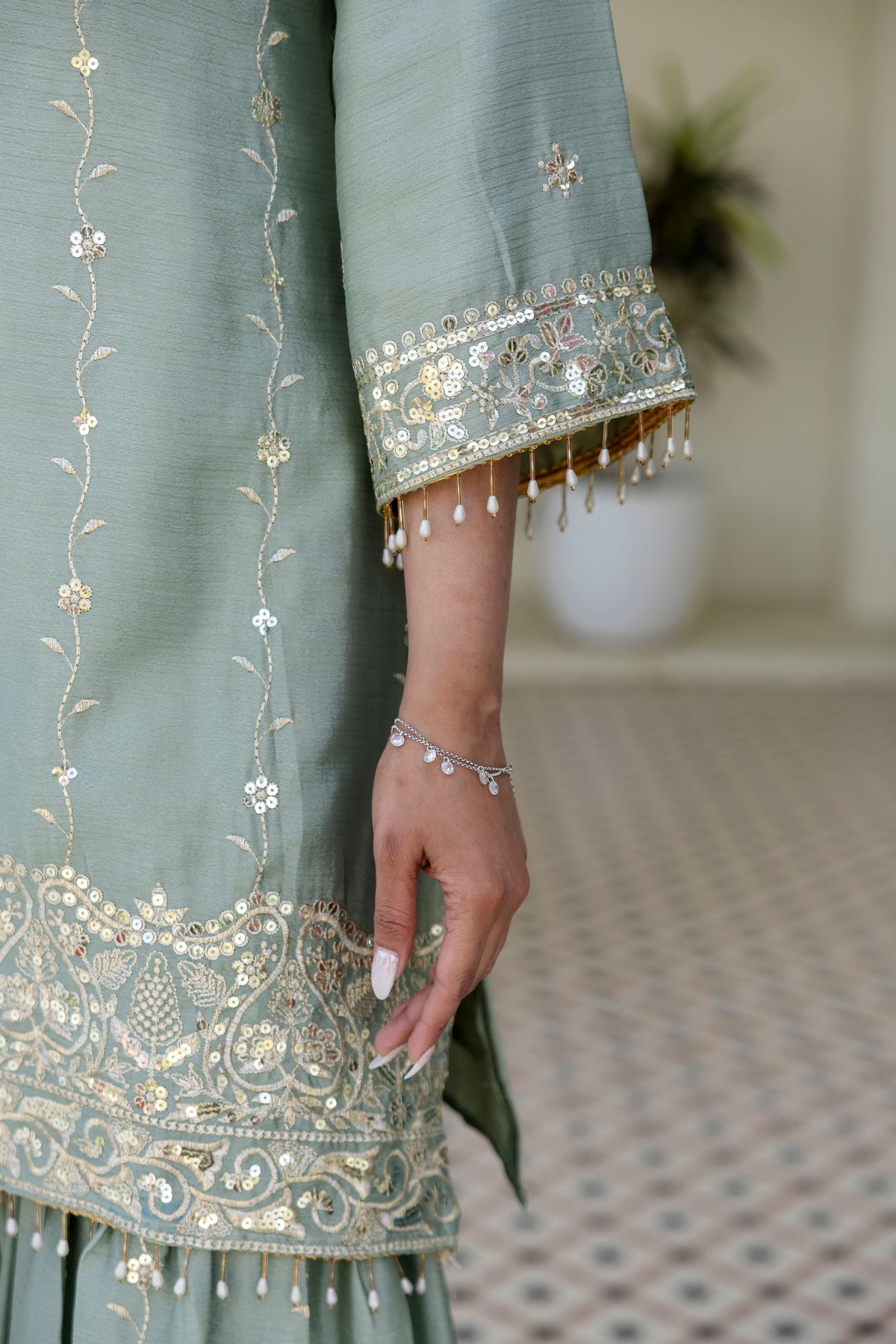 Designer Sage Green Chinon Kurti Sharara Dupatta Set