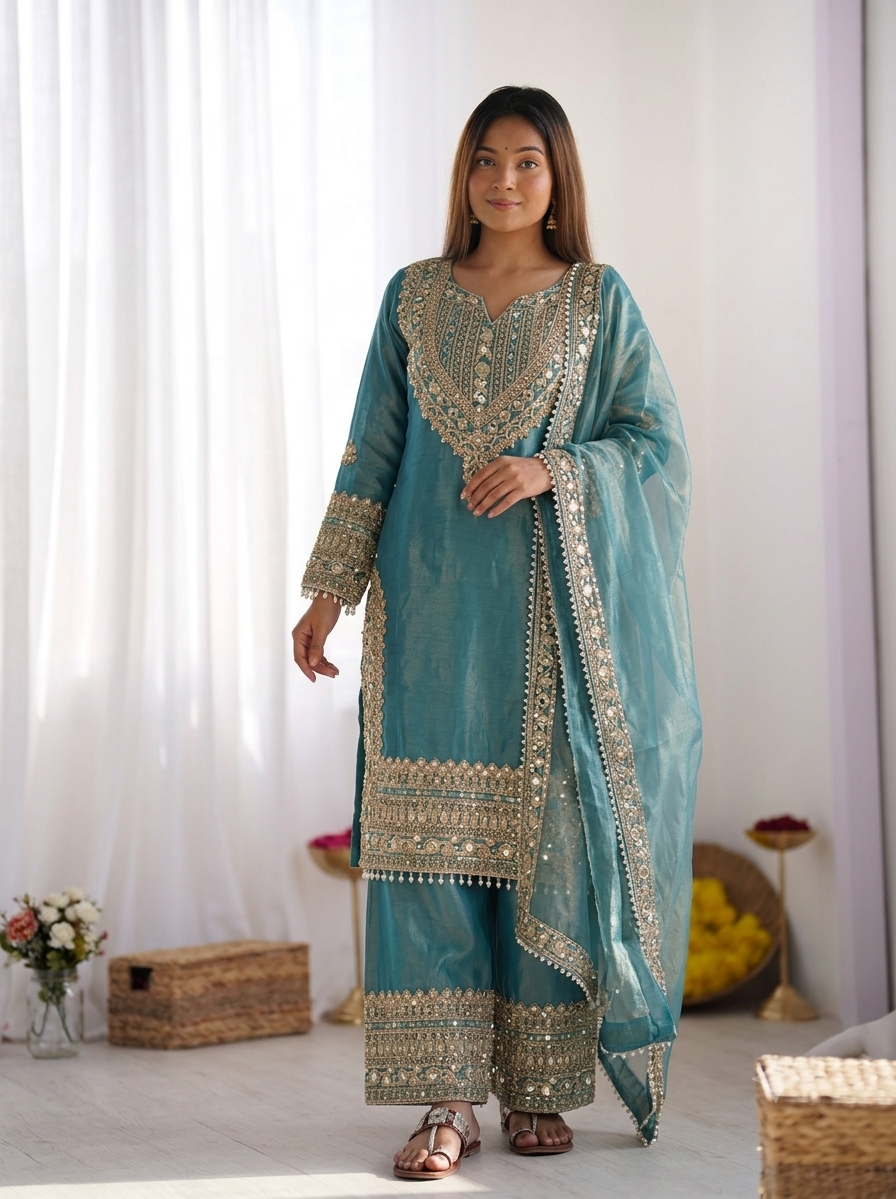 FAOTIVO Fendy Silk Kurti Sharara Dupatta Set