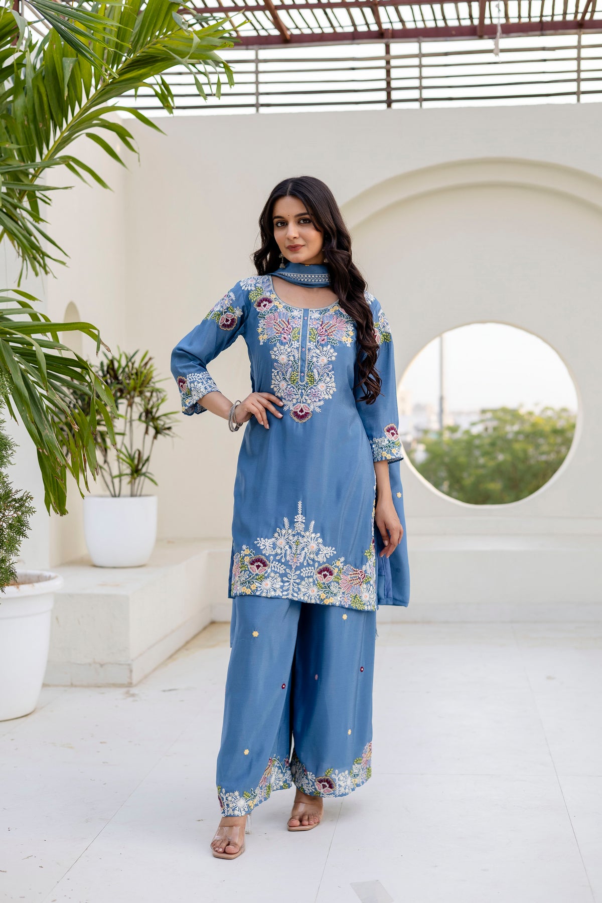 Women’s Embroidered Chinon Kurti Palazzo  Set with Dupatta