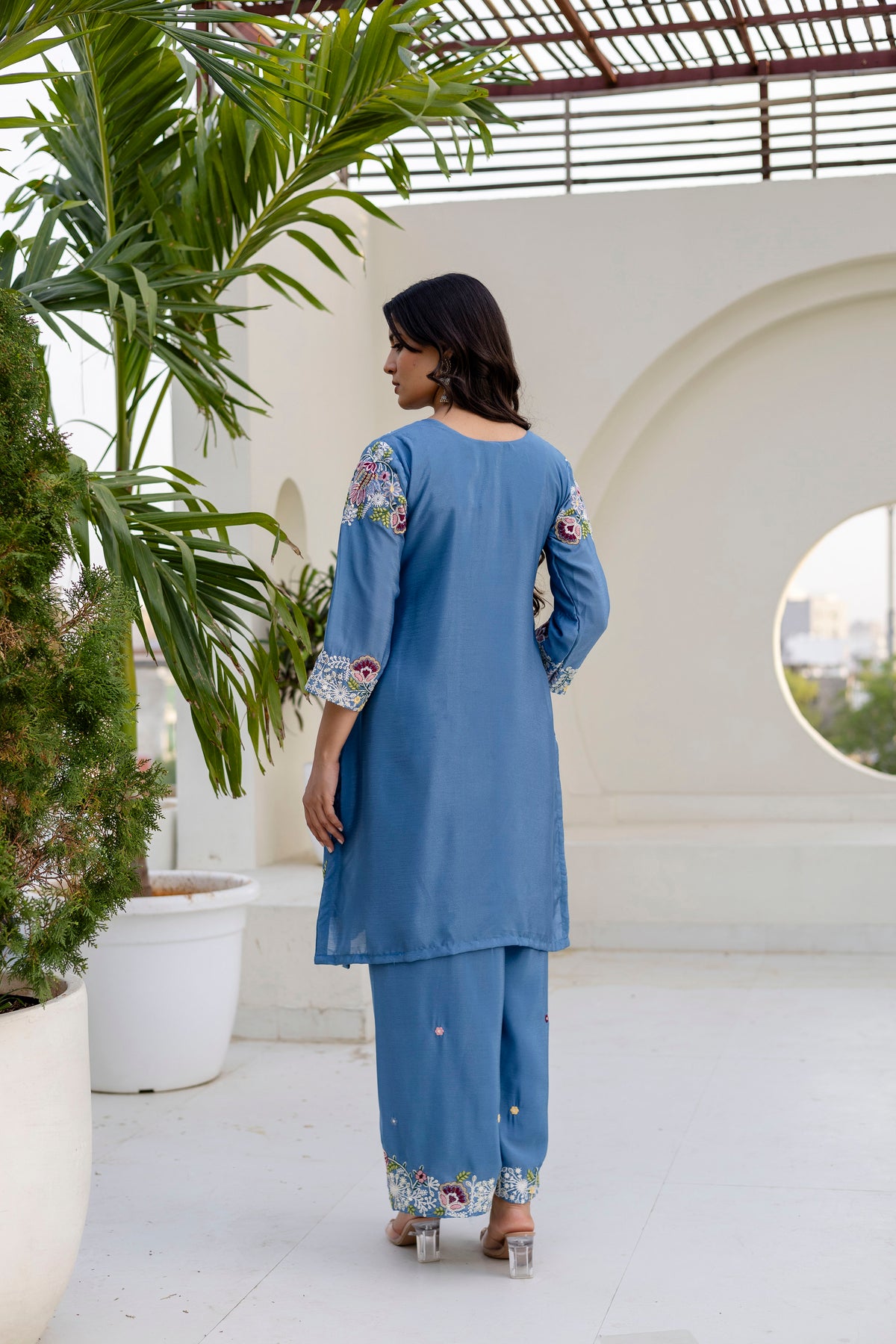 Women’s Embroidered Chinon Kurti Palazzo  Set with Dupatta