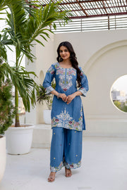 Women’s Embroidered Chinon Kurti Palazzo  Set with Dupatta
