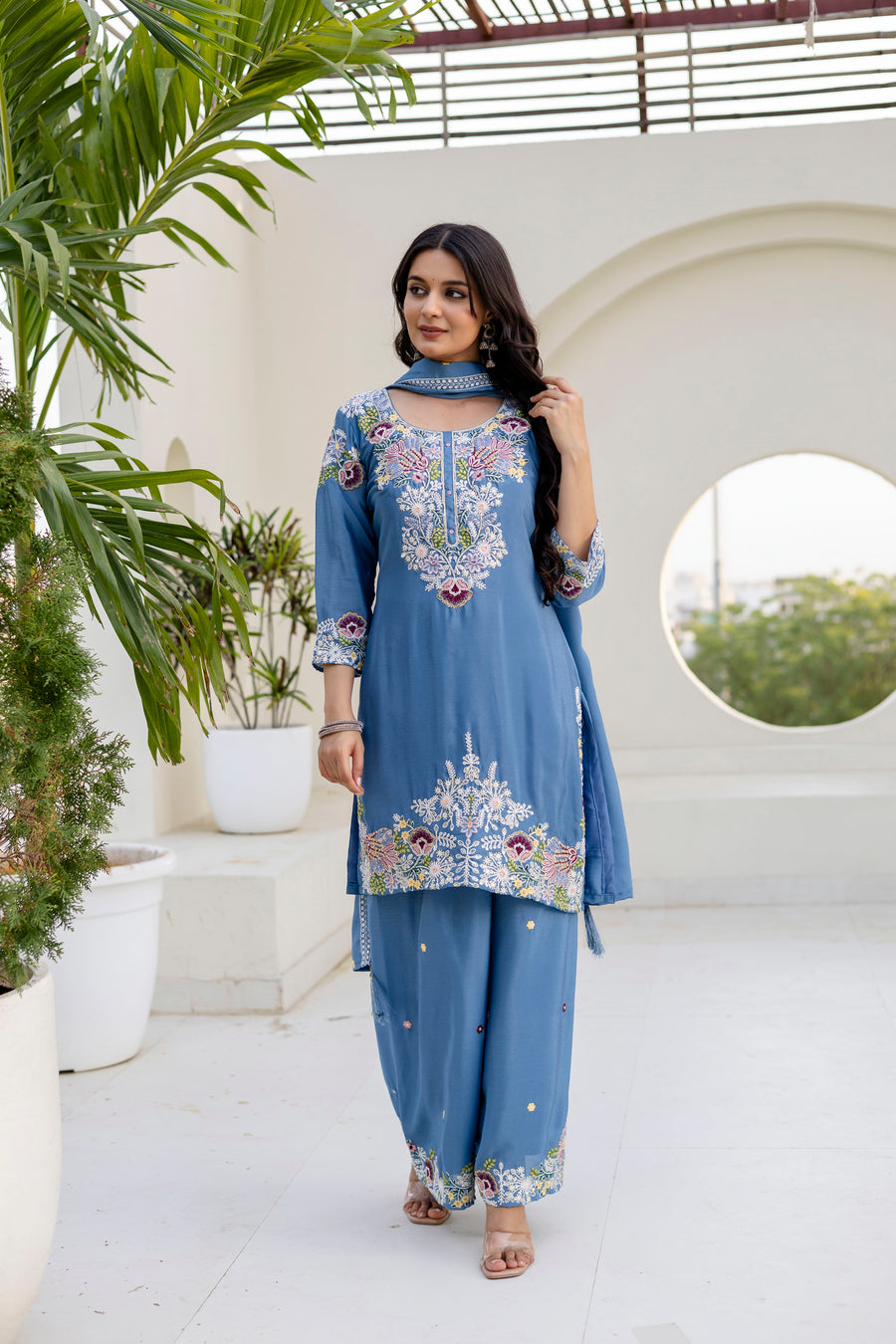 Women’s Embroidered Chinon Kurti Palazzo  Set with Dupatta