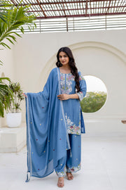 Women’s Embroidered Chinon Kurti Palazzo  Set with Dupatta