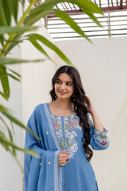 Women’s Embroidered Chinon Kurti Palazzo  Set with Dupatta