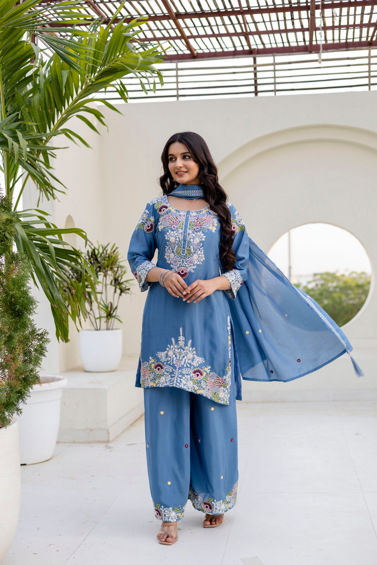 Women’s Embroidered Chinon Kurti Palazzo  Set with Dupatta