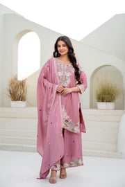 Women’s Embroidered Chinon Kurti Palazzo  Set with Dupatta