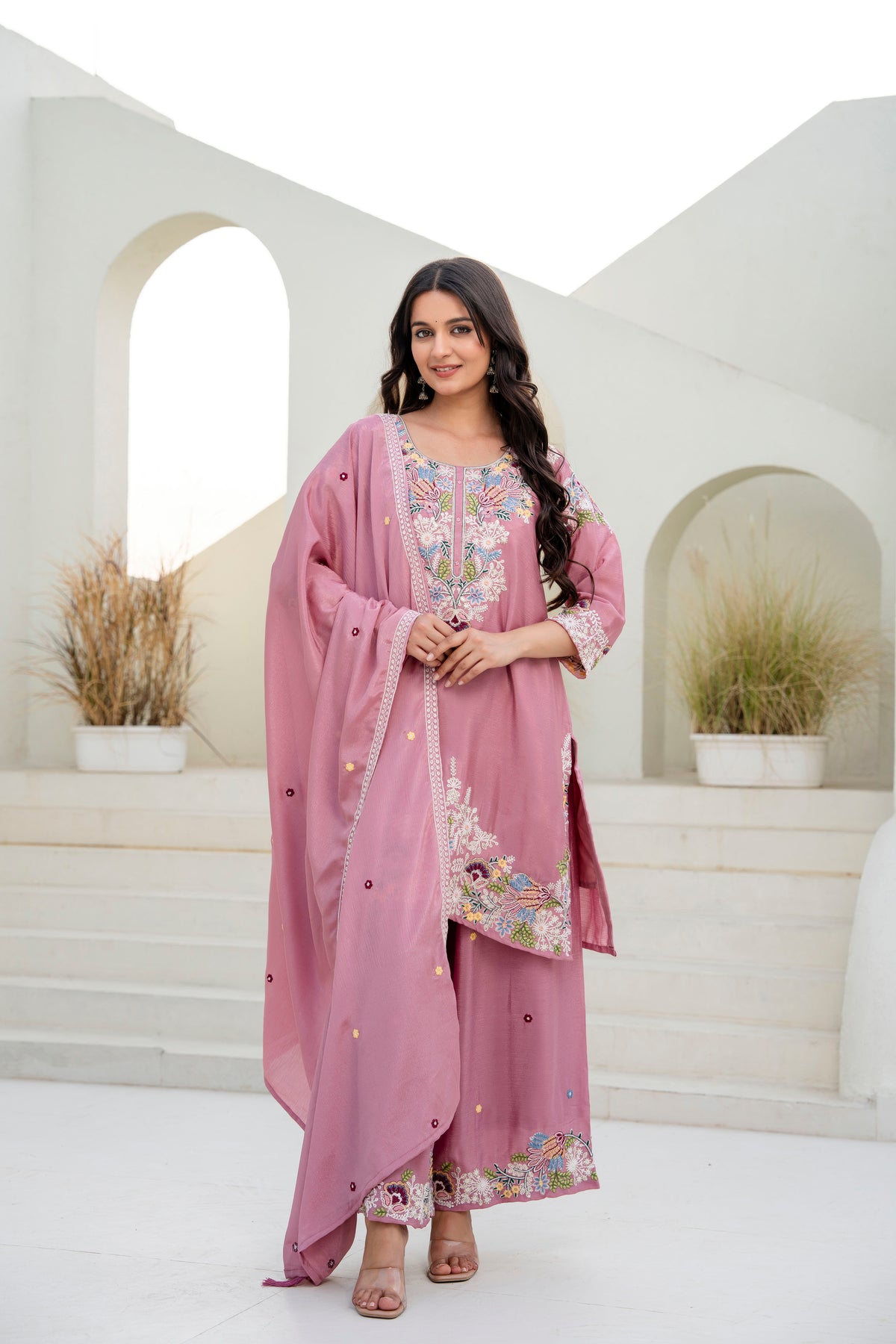Women’s Embroidered Chinon Kurti Palazzo  Set with Dupatta
