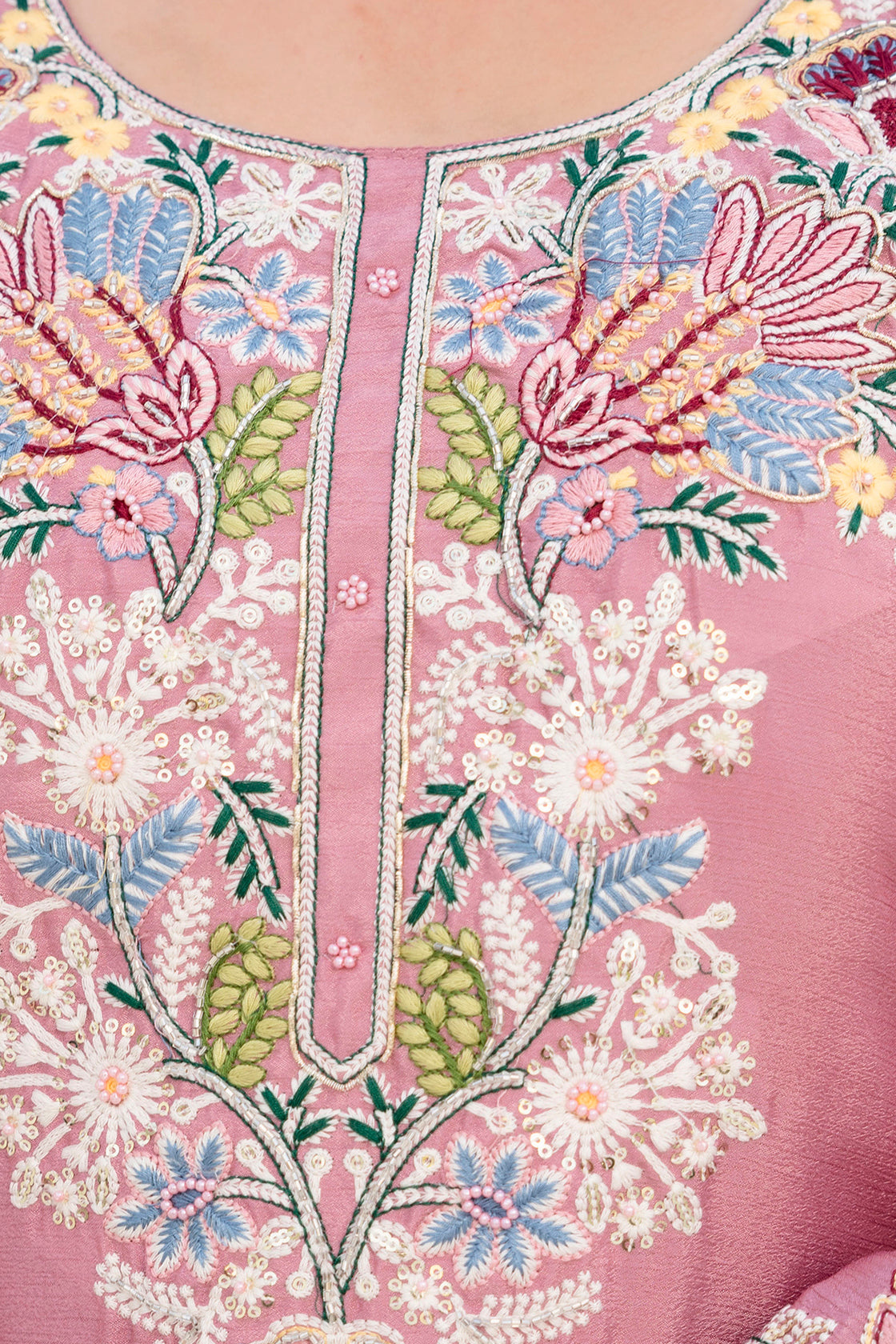 Women’s Embroidered Chinon Kurti Palazzo  Set with Dupatta