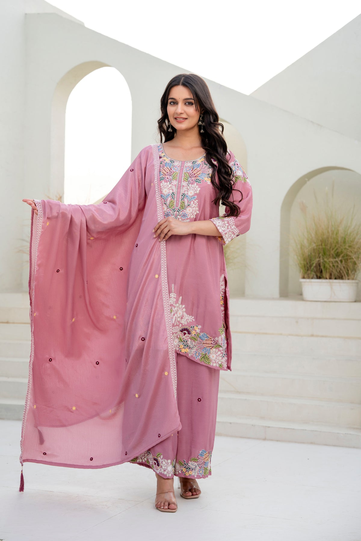 Women’s Embroidered Chinon Kurti Palazzo  Set with Dupatta