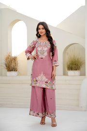 Women’s Embroidered Chinon Kurti Palazzo  Set with Dupatta