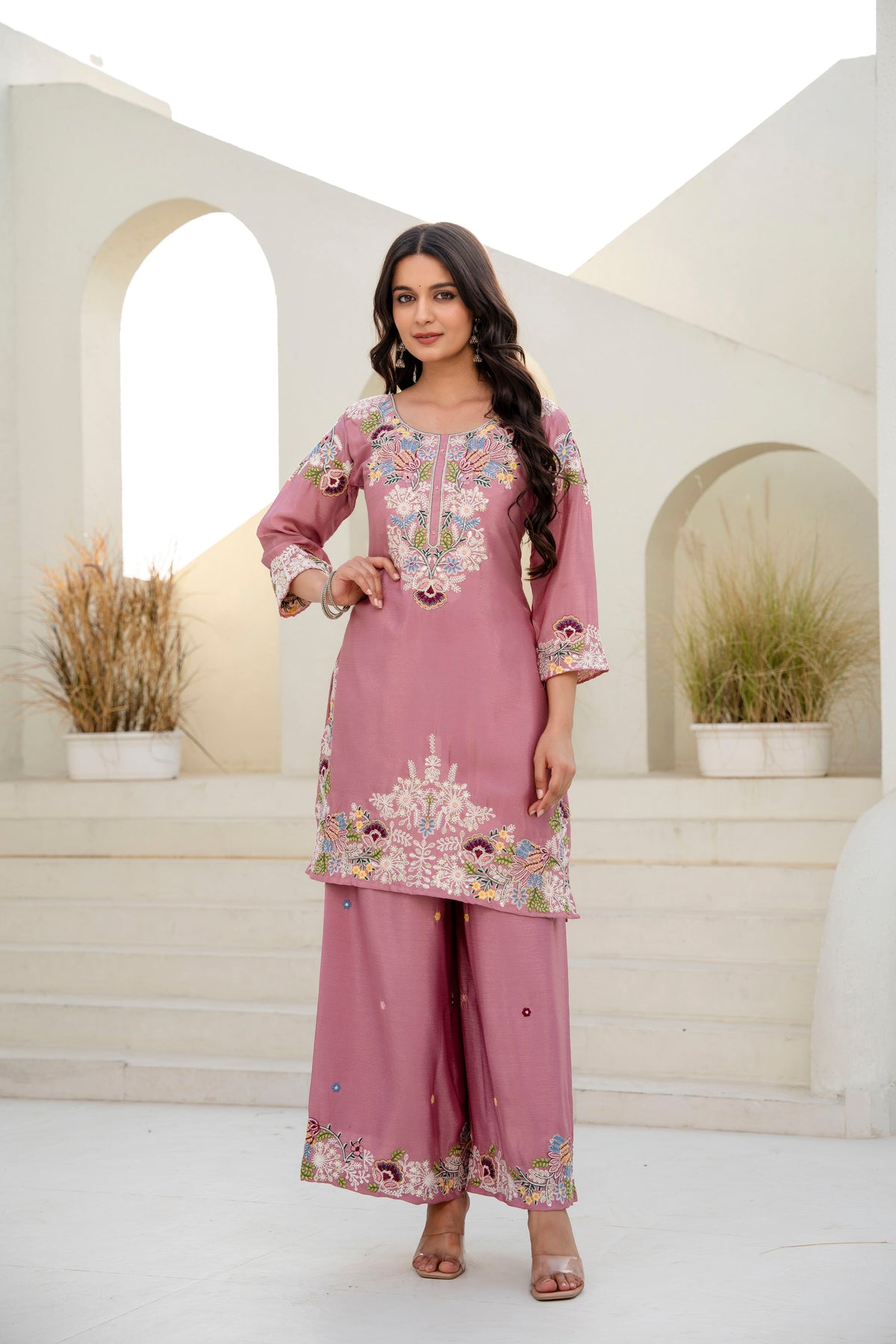 Women’s Embroidered Chinon Kurti Palazzo  Set with Dupatta