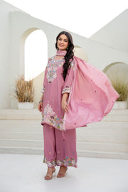 Women’s Embroidered Chinon Kurti Palazzo  Set with Dupatta