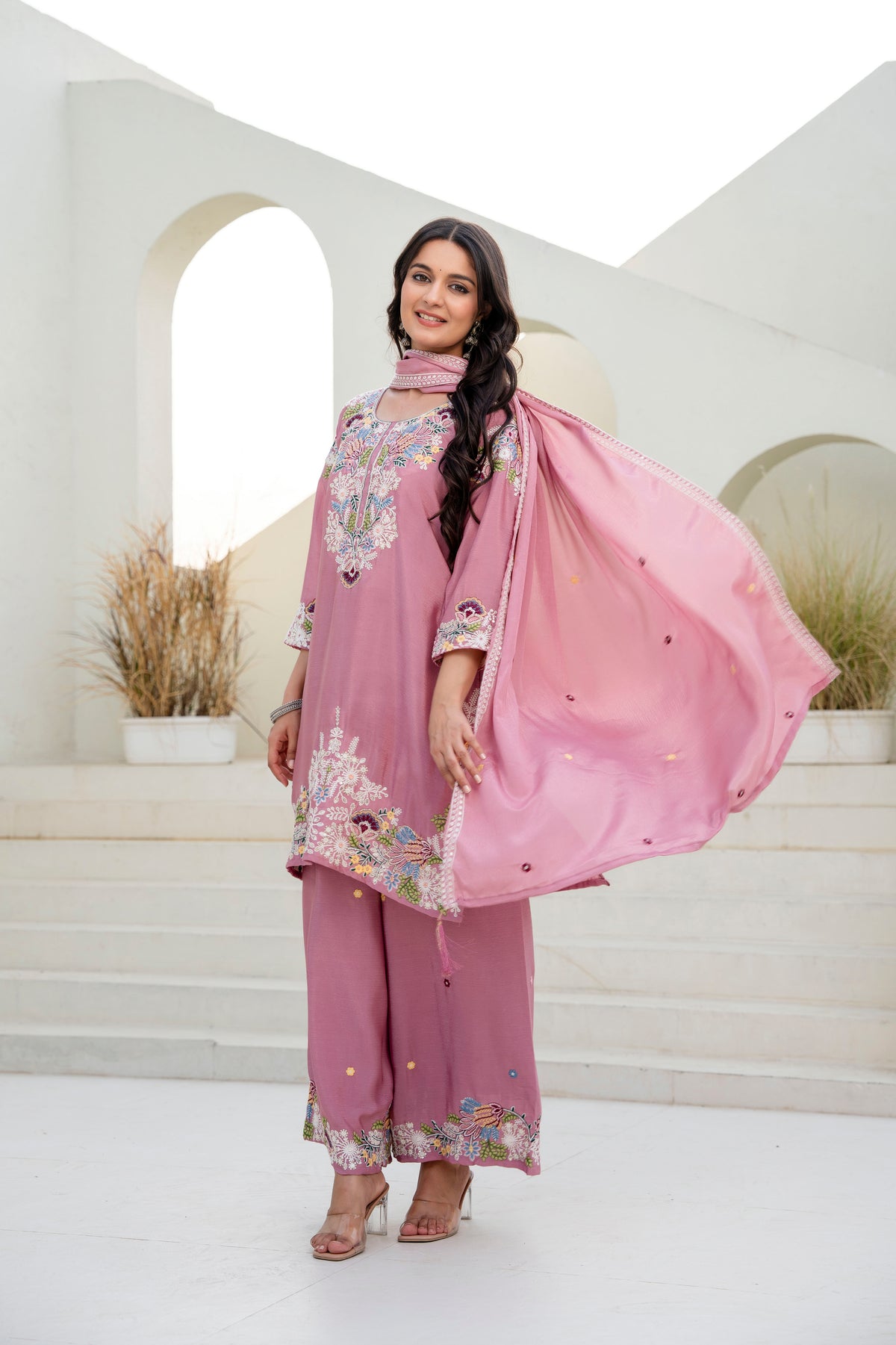 Women’s Embroidered Chinon Kurti Palazzo  Set with Dupatta