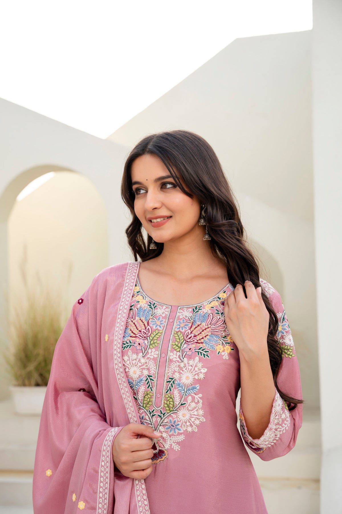 Women’s Embroidered Chinon Kurti Palazzo  Set with Dupatta