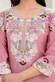 Women’s Embroidered Chinon Kurti Palazzo  Set with Dupatta