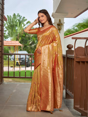 Mustard Gold & Copper Woven Jacquard Silk Saree with Blouse Piece