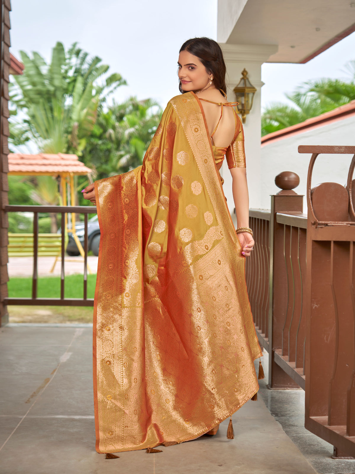 Mustard Gold & Copper Woven Jacquard Silk Saree with Blouse Piece