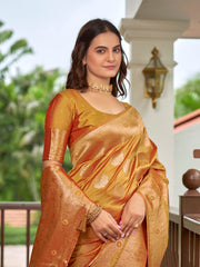 Mustard Gold & Copper Woven Jacquard Silk Saree with Blouse Piece