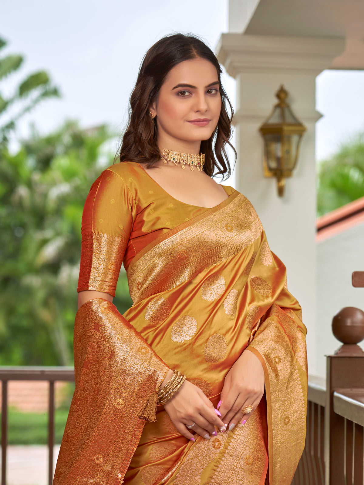 Mustard Gold & Copper Woven Jacquard Silk Saree with Blouse Piece