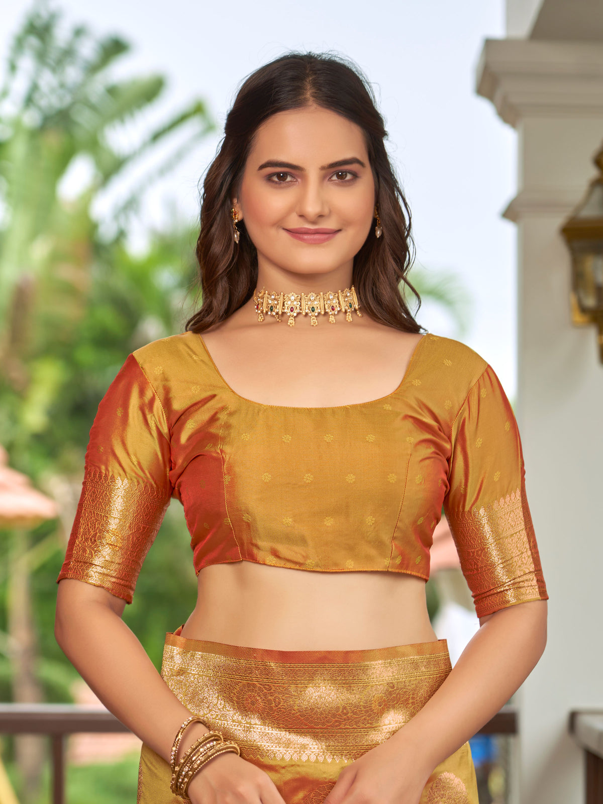Mustard Gold & Copper Woven Jacquard Silk Saree with Blouse Piece