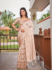 Off-White & Beige Cream Woven Jacquard Silk Saree with Blouse Piece