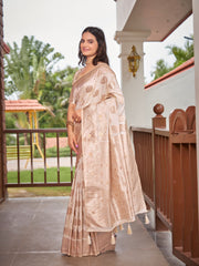 Off-White & Beige Cream Woven Jacquard Silk Saree with Blouse Piece
