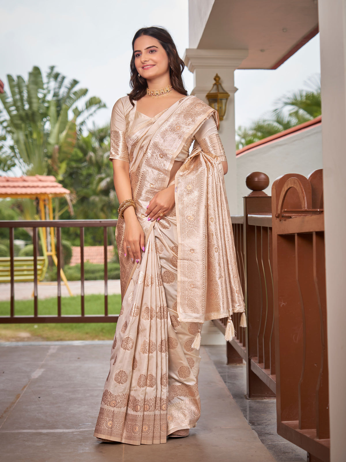 Off-White & Beige Cream Woven Jacquard Silk Saree with Blouse Piece