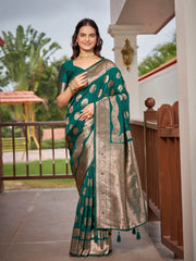 Bottle Green & Rose Gold Woven Jacquard Silk Saree with Blouse Piece